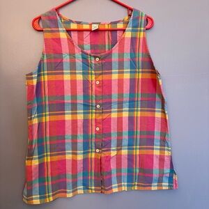 VTG 90s Lands End bright summer plaid button up tank top size 14 medium